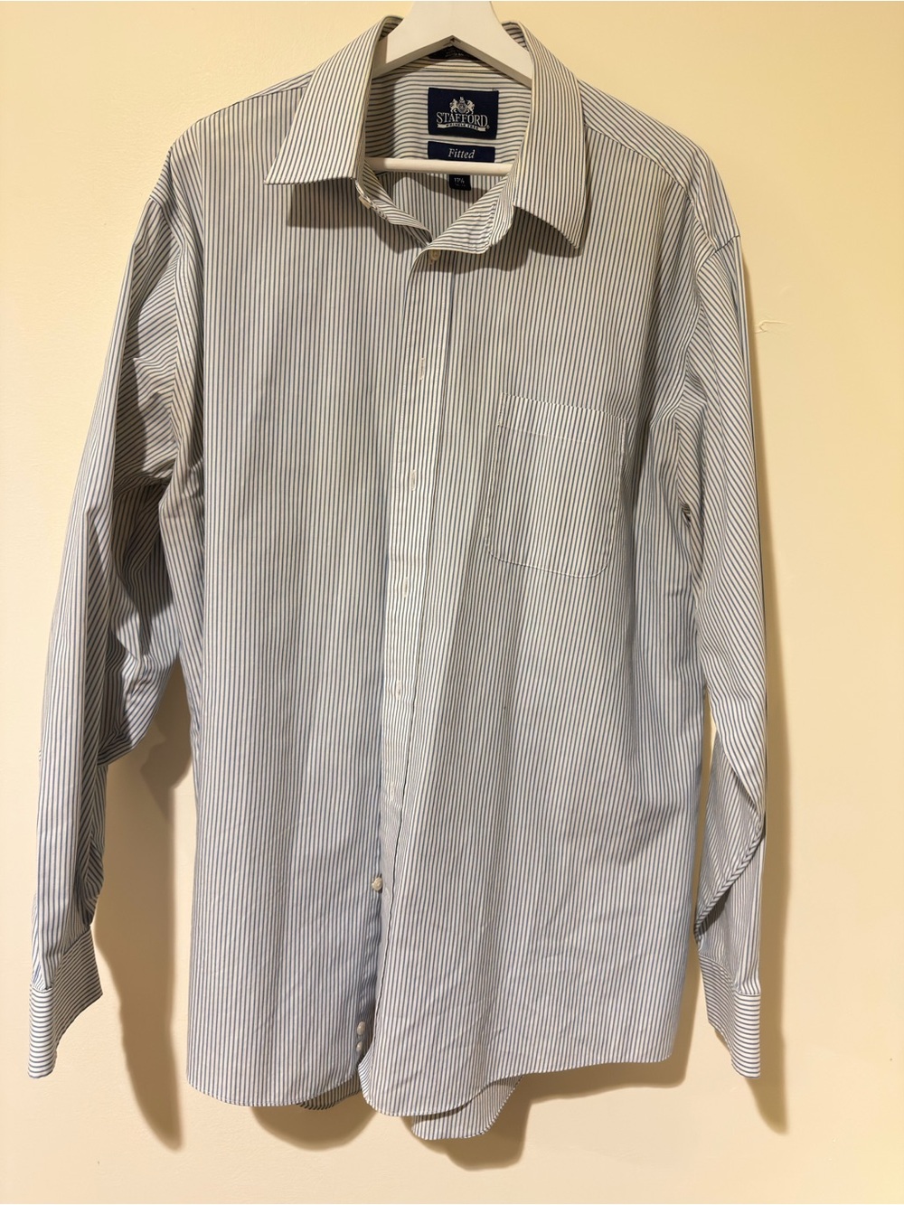 Stafford Men's Light Blue and White Pinstripe Dress Shirt